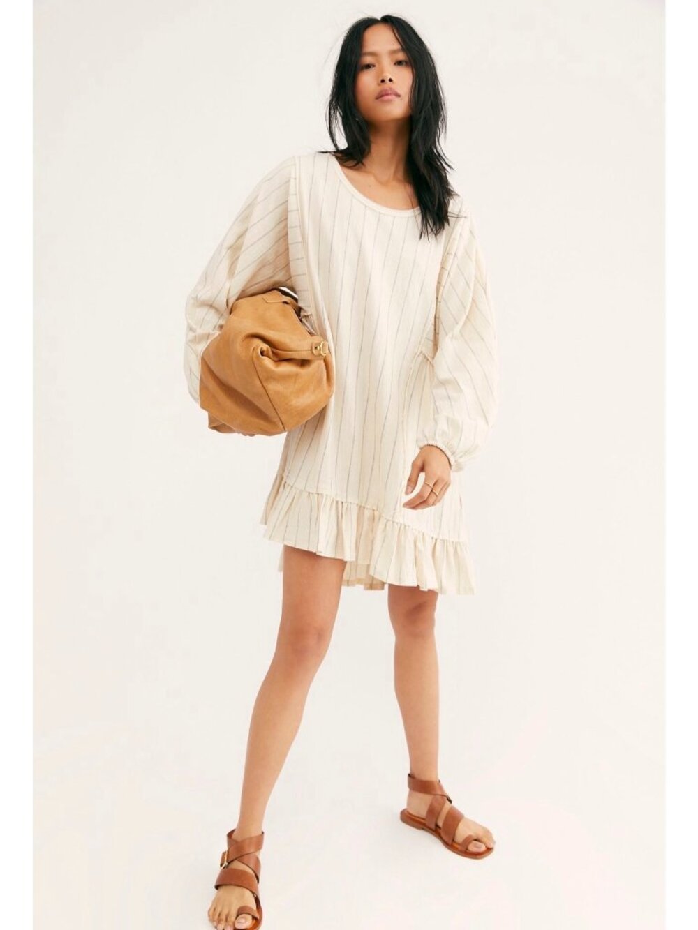 Free People Beach Size L Cream Striped Ruffled Long Sleeve Mini Dress Boho